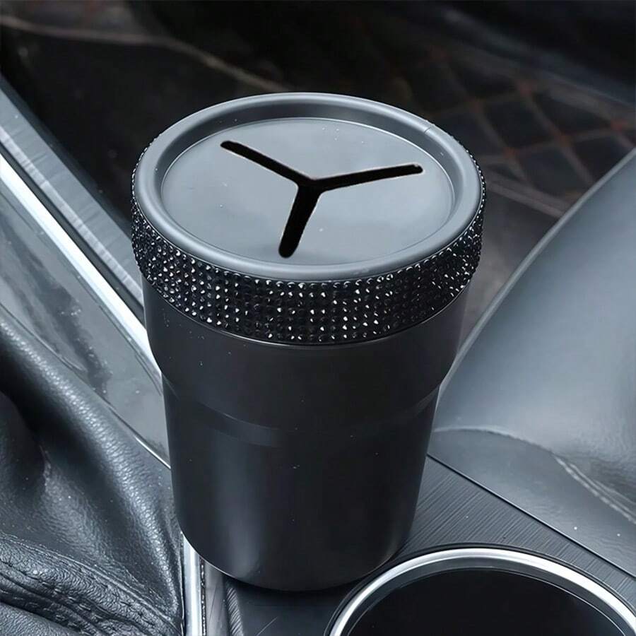 1pc Car Coin Box With Black & Silver Rhinestones, Automotive Coin Storage Box, Rhinestone Decor Creative Car Interior Accessory, Portable & Practical