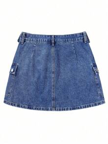 女士夏季休闲束口腰带工装口袋牛仔迷你裙 - 深色水洗藍 - 查看 4