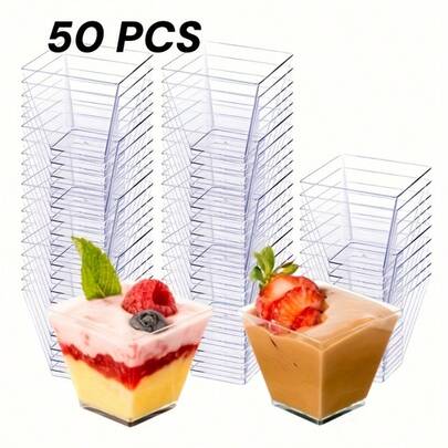 50pcs Reusable Trapezoidal Mini Cups For Appetizers & Desserts, Great For All Events, Double-Wall Carton Packaging, Hand Wash Only, Party Cup Holder | Decorative Cup Design | Durable Cup Material, Mini Cupcake Holder
