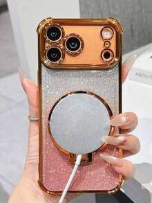 奢华电镀闪粉透明镜面支架手机壳，兼容 17/6/7/8/X/XS/XR/11/12/13/14/15/16/16e、Galaxy S22/23/24/25/S24 FE/S25 EDGE、A04/05/06/A07/A14/A15/A16/A17/A24/A25/A34、Redmi Note 9/10/11/12/13、Redmi 9/10/12/13C 14C、OPPO、MOTO、荣耀 X、HW、Realme C53 C55 C61 C63 C75，镜头保护防震保护套 - 橘色 - 查看 6