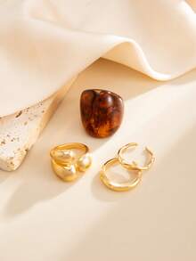 4pcs/Set Bohemian Geometric Asymmetrical Hug Wide Band Fashion Resin Ring Set, Luxurious Casual Party Daily Wedding Holiday Versatile Charm Jewelry Ring Gift For Women - Ring - View 6