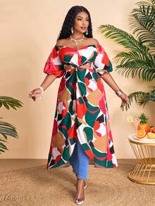 BIUBIU 度假风花卉图案加大码梭织面料甜心领泡泡袖长款上衣 - 紅色 - 查看 4