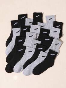 10双装儿童纯色黑灰树叶图案中筒袜，简约百搭，舒适透气弹力袜口，适合休闲、玩耍、上学等场合，春夏秋季皆宜。 - 彩色 - 查看 7