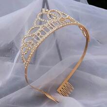 1 Set Gold Crystal Crown + Shoulder Strap, Birthday Girl Crystal Tiara Crown & Glitter Ribbon Set, Gold-Plated Crystal Hair Accessories With Comb, Women/Girls Birthday Party Decorations - Gold - View 2