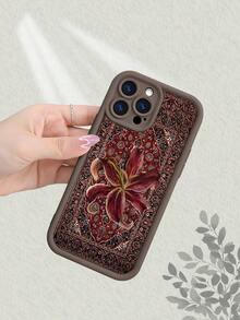 Vintage Floral Pattern Phone Case With Persian Rug Inspired Design, Retro Lily Flower Print, Thickened Shockproof Protection, Matte Finish, Multi - Color Options, Compatible With IPhone 17/16/15/14/13/12/11/7/X - Coffee Brown - View 2