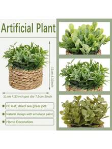 3pcs/Set Artificial Rattan Potted Plants, Seagrass Rope, 3 Identical Green Plants, Made Of PE And Polyester Fiber, Desktop Decor For School, Dorm, Office, Home, Back To School, Valentine's Day, Easter, Spring/Summer - Green - View 4