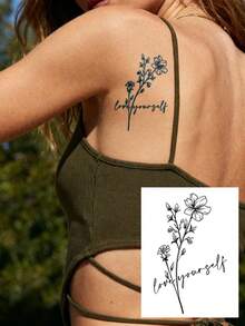 3片/1片装草本汁液半永久纹身贴纸，情人节、狂欢节礼物，迷你简约法式浪漫手写植物图案 - 不褪色、不反光，可持续7-14天，防水可撕式纹身贴纸 - 藍色 - 查看 5