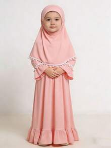 2 piezas Conjunto de vestido musulmán para niñas - Vestido de unicolor de manga larga + Pañuelo para la cabeza - Caqui - Ver 2