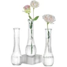 Glass Bud Vases Centerpiece: 3 Pcs Small Flower Vase Wedding In Bulk - Cute Ribbed Vase Party Events Home Table Decor - 3 - View 2