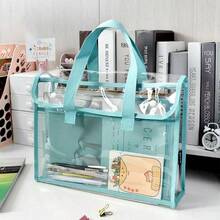 1 PC Transparent Storage Bag, Waterproof And Wear-Resistant Mesh Document Bag, Widened Webbing Handle Design For Comfortable Grip, PVC Fabric Is Waterproof And Stain-Resistant. - Blue - View 1