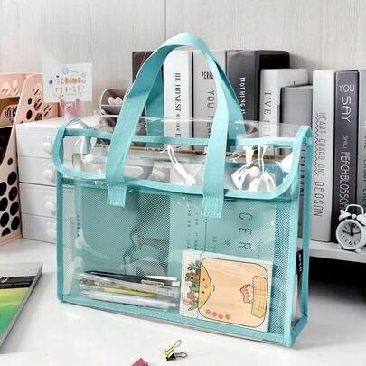 1 PC Transparent Storage Bag, Waterproof And Wear-Resistant Mesh Document Bag, Widened Webbing Handle Design For Comfortable Grip, PVC Fabric Is Waterproof And Stain-Resistant.
