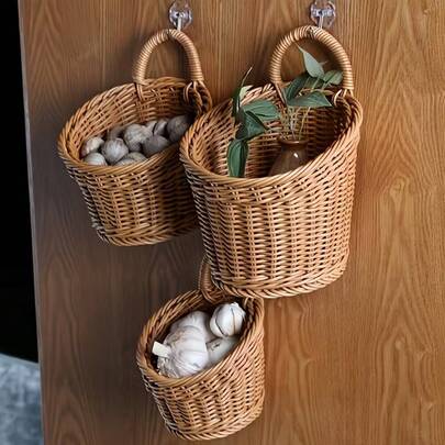 Woven Rattan Wall Hanging Storage Basket, Kitchen Ginger Garlic Fruit Flower Basket, Wall Mounted Miscellaneous Storage Box, Home Kitchen Supplies Storage Basket, Shelving Basket, Hanging Kitchen Basket, Wall Mounted Storage Basket, Rustic Style, Thick & Large Capacity, Sturdy, Suitable For Kitchen Storage, Kitchen Decor, Wall Storage, Room Decor, Living Room Storage, Wall Decor, Entryway Storage, Foyer Storage, Key Storage, Handicrafts, Kitchen Accessories, Bathroom Storage, Outdoor Patio Decor, Garden Decor
