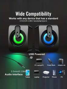 RGB LED Lighting Compact 2.0 Wired Desktop Speaker | USB Powered, 3.5mm AUX Input, Plug And Play, Volume Control, Stylish Mini Gaming & Entertainment Speaker For PC, Laptop, Phone, Tablet, MP3 Player - Multicolor - View 6