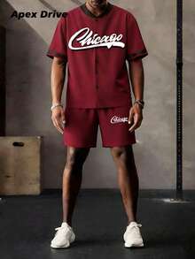 Set de 2 piezas con top de manga corta con estampado de letra en cuello de béisbol y shorts, conjunto deportivo casual - Rojo - Ver 1