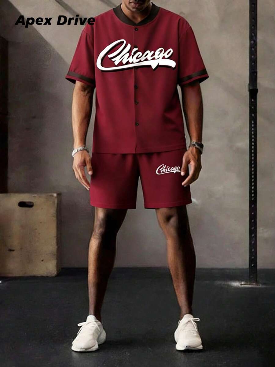 Set de 2 piezas con top de manga corta con estampado de letra en cuello de béisbol y shorts, conjunto deportivo casual - Rojo - Ver 1