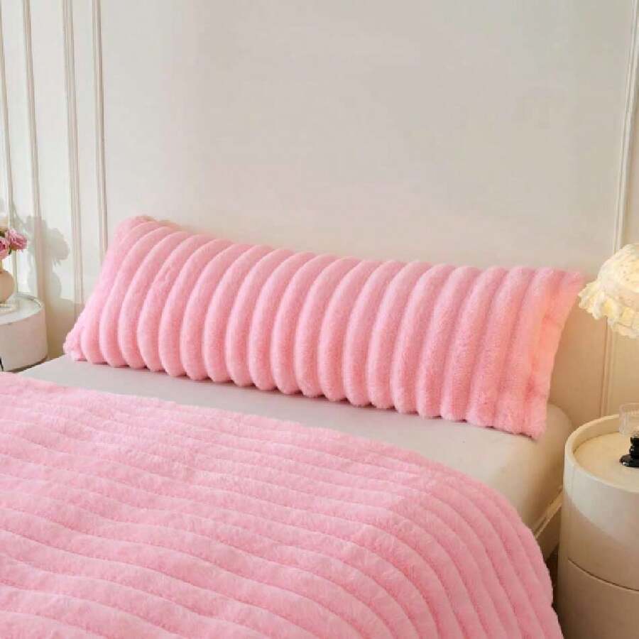 Fluffy Faux Rabbit Fur Body Pillow Cover, Soft Plush Fuzzy Wide Striped 20x54 Body Pillowcase With Zipper, Home Drative Shaggy Furry Ribbed Long Pillow Cover For Bed Couch Sofa Bedroom, Pink,39983374 - 粉色 - 查看 1