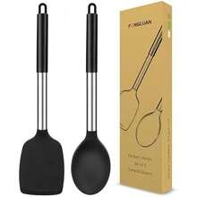 Kitchen Utensils Set Of 2, Silicone Cooking Utensils, Turner/Spatula, Spoons - Heat Resistant, Nonstick Cookware, Dishwasher , Black - / - View 1