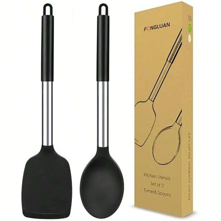 Kitchen Utensils Set Of 2, Silicone Cooking Utensils, Turner/Spatula, Spoons - Heat Resistant, Nonstick Cookware, Dishwasher , Black - / - View 1