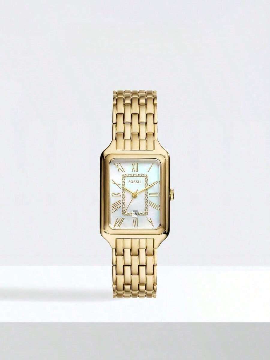 Fossil Raquel石英不锈钢三针腕表 - 方形系列 - 不锈钢表壳/水晶玻璃，时尚石英表，适合各种场合。是旅行、聚会、送礼和日常佩戴的完美之选。