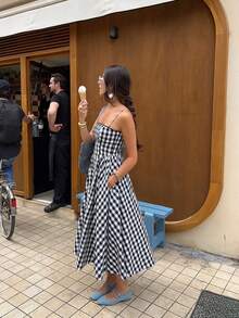 VIBEWAVE 黑白格子吊带中长连衣裙，收腰A字连衣裙，2026夏季款 - 黑與白 - 查看 3