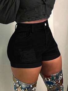 Women's Stretchy Mid-Rise Distressed Slim-Fit Denim Shorts - Functional Pockets Slimming Comfort Daily Casual Edgy Shorts - Black - View 3