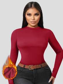 1件酒红色修身长袖保暖高领上衣，秋冬季 - 紅色 - 查看 3