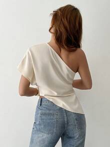 女士不对称肩部衬衫，优雅休闲风格，适合宴会、通勤、休闲穿着，春夏法式单肩衬衫，单肩上衣，单袖上衣，露肩衬衫，垂褶上衣，露肩衬衫 - 杏色 - 查看 4