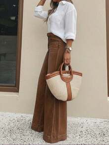 Women's Casual Wide Leg Jeans, Elegant & Fashionable Long Style, With Pockets, Medium Stretch Washed Fabric - 摩卡棕 - 查看 5