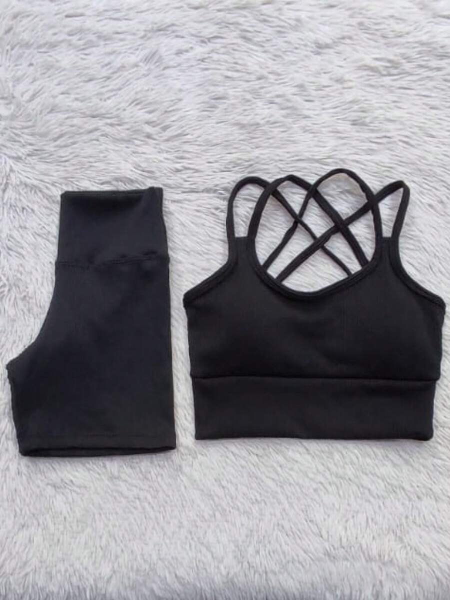 Ribbed Summer Set - Shorts And Top For Gym - Black - View 1