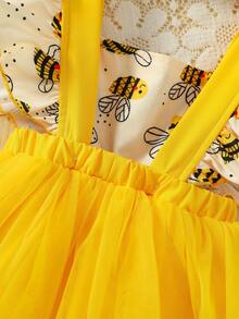 2件套女婴休闲日常甜美可爱黄色编织连帽泡泡袖蜜蜂印花拼接黄色网纱连衣裙和印花帽子套装，夏季 - 黃色 - 查看 9