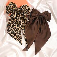 2个缎面纯色和豹纹蝴蝶结弹力发夹，休闲波西米亚宫廷风派对可爱街头优雅风，涤纶材质，四季皆宜 - 咖啡棕 - 查看 5