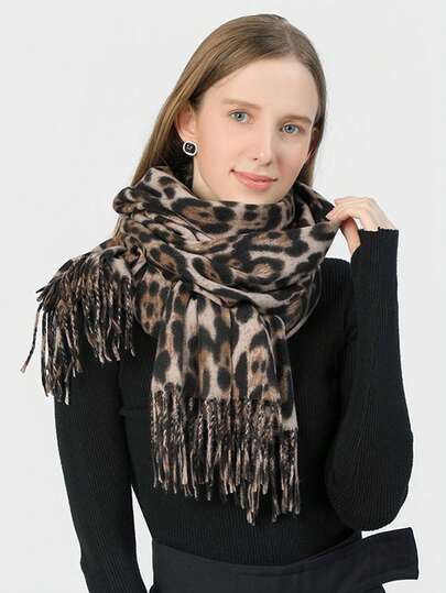 1条豹纹、条纹和格子图案的女士抓绒保暖围巾，深棕色羊毛加厚围巾，柔软如羊绒，波西米亚休闲防风情侣披肩，舒适毯式围巾，适合日常佩戴