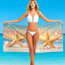 1条黄色海星珍珠印花沙滩巾，超柔软纤维长方形速干吸水沙滩巾，适合户外旅行、露营、海滩、浴室、春夏秋季度假，沙滩必备品 - 彩色 - 查看 4