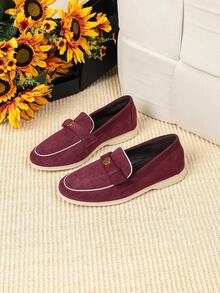 女士平底乐福鞋，2026春夏新款，百搭休闲办公鞋，柔软皮革，软底防滑耐穿，英伦风，大码女鞋，尺码41-43 - 酒紅色 - 查看 6