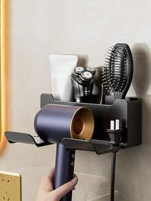1pc Hole-Free Hair Dryer Holder, Universal Hair Dryer Rack, Plastic Bathroom Wall Mount, Hair Dryer Organizer, Multi-Function Rack, Home Bathroom Accessory, School Dorm Bathroom, Beside Sink Wall Mounted Hair Dryer Bracket And Bathroom Storage Rack - Durable Plastic Storage Rack, Stylish Design, Suitable For Tidy And Fashionable Bathroom Organization, Bathroom Storage And Holding - Multicolor - View 3