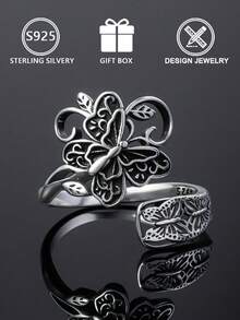 1pc 925 Sterling Silver Hollow Butterfly Pattern Double Layer Open Ring (Butterfly Duet Design), Gift Box, Suitable For Daily Wear And Valentine's Day Gift - Antique Silver - View 4