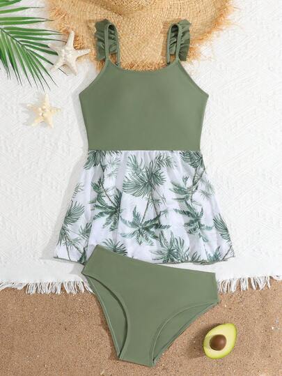 Tween Girl 2pcs Cute Knitted Digital Print Round Neck Spaghetti Strap Bikini Set, Fashionable & Elegant European And American Style 2026 New Swimwear, Suitable For Summer, Swimming, Beach