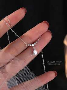 925纯银闪亮锆石项链，毛衣链，生日礼物首饰，适合女性和女孩佩戴 - 銀色 - 查看 4