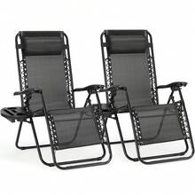 Juego de 2 sillas reclinables de gravedad cero para patio, sillas de chaise lounge plegables y ajustables para uso en exteriores, playa o piscina, con almohada - Negro - Ver 1