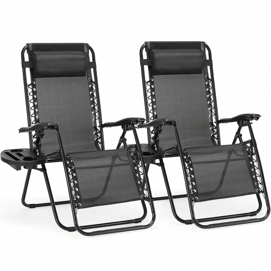 Juego de 2 sillas reclinables de gravedad cero para patio, sillas de chaise lounge plegables y ajustables para uso en exteriores, playa o piscina, con almohada - Negro - Ver 1