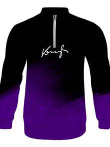 Autumn/Winter New Men's Casual Stand-Up Collar Suit, With "King" Text Logo, Gradient Style Men's Stand-Up Collar Zipper Casual Sport Suit, With Purple, Green, Dark Gray, Light Gray And Other Color Matching, Each Set Includes A Stand-Up Collar Half Zipper Top And A Draw Casual Long Pants, The Overall Use Of Gradient Color Design Sports, Street Style Suit, Men's Clothing, Men's Suit.  Striped    Spring/Fall    Regular Fit    Pocket  Zipper    Going Out  Daily - 紫色 - 查看 3