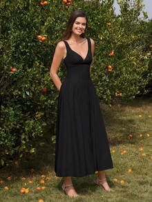 PARTHEA 优雅女士长款A字连衣裙，V领设计，露背褶皱胸衣，喇叭形下摆，无弹力面料，休闲风格 - 黑色 - 查看 6