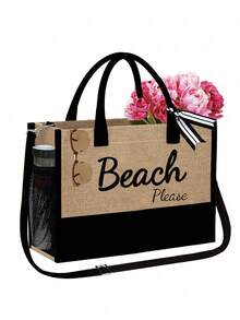 Black & Khaki "Beach Please" 4-Piece Set Including Beach Bag, Cosmetic Bag, Mini Pouch, Hat, Large Capacity, Adjustable Shoulder Strap, Convenient Carry, Suitable For Beach, Summer, Tropical Scenery With Palm Trees, Sand, Straw Hat - Multicolor - View 13