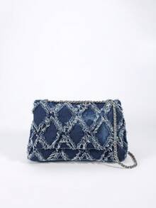 Borsa di jeans vintage consumata da donna, modello 2026, nuova collezione, con design intrecciato a diamante, catena borsa a tracolla e a tracolla, elegante e casual, adatta per uso quotidiano e appuntamenti - Blu - Visualizzare 5