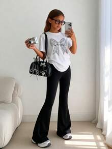 Bộ đồ 2 mảnh dễ thương cho bé gái 8-12 tuổi, áo thun cổ tròn in họa tiết màu trắng và quần ống loe đen kiểu dáng giản dị, trang phục mùa hè thanh lịch và tối giản. - trắng - Xem 1