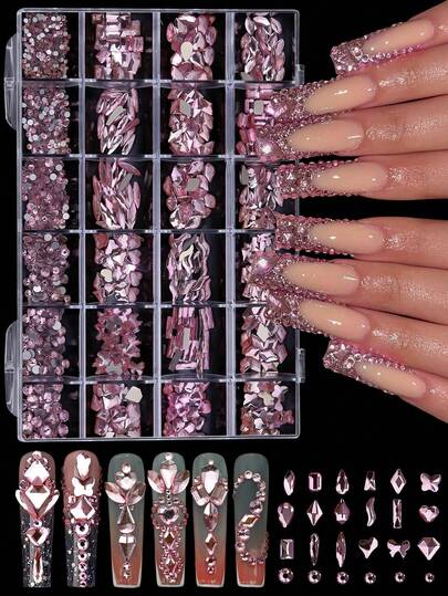 24颗混合闪亮水钻不规则水晶钻石3D美甲装饰点钻笔套装，粉色/红色/绿色/蓝色DIY美甲水钻时尚饰品，美甲设计装饰配件，玻璃宝石