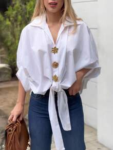 ChicMe Women's Palace Style Lapel Batwing Sleeve Gold Floral Button Front Loose Tie Front Casual Blouse - White - View 9