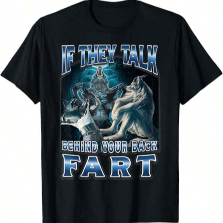 1 Pcs Casual 100% Cotton Men Soft Short Sleeve Tee, Funny Cool Wolf Meme Slogan Graphic Print For Summer Street Travel Concert Daily Party Outfits - 黑色167 - 查看 1
