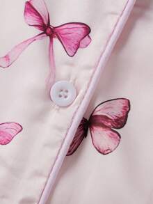 Women's Spring Pajamas Set Print Button Down Lapel V Neck Long Sleeve Tops With Pants Lounge Wear 2 Pcs Set - Pink - View 5