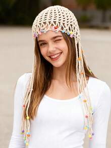 1pc Handmade Crochet Bohemian Style Teenage Hat (12-16 Years Old) - Breathable Tassel Beaded Sun Hat, Lightweight Hollow Summer Headwear - Handmade Openwork Headdress With Tassels - View 5
